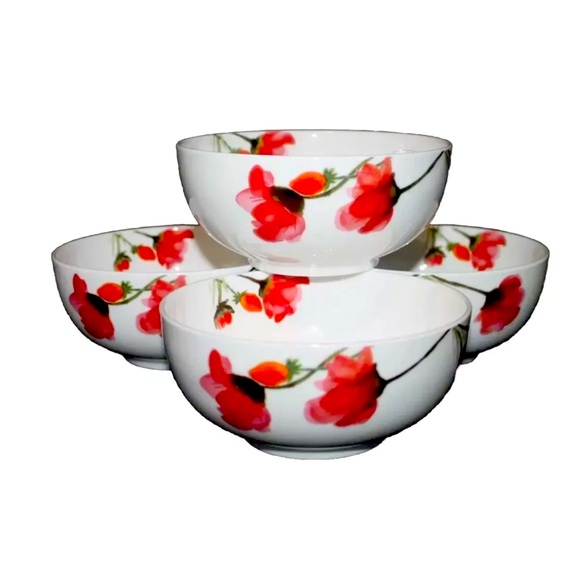 Mikasa Kiera Red Poppy Floral Porcelain 6” Soup Salad Cereal Bowls Set of 4 New - Picture 3 of 9